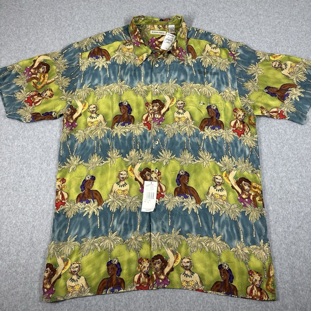 BURMA BIBAS 100% Silk Pin Up Hula Girls Large Hawaiian Aloha‎ Shirt NWT